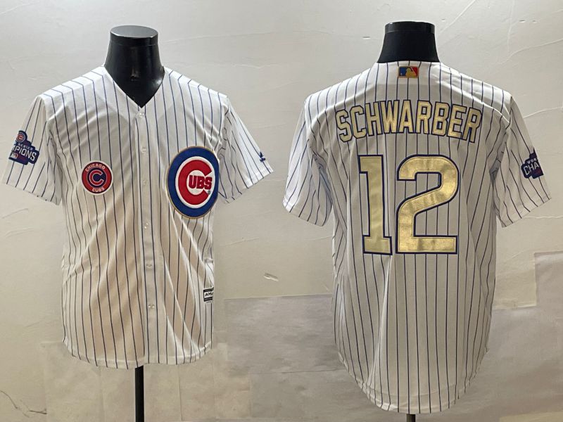 Men Chicago Cubs #12 Schwarber White Stripe Gold Game 2025 Nike MLB Jersey style 5->boston red sox->MLB Jersey
